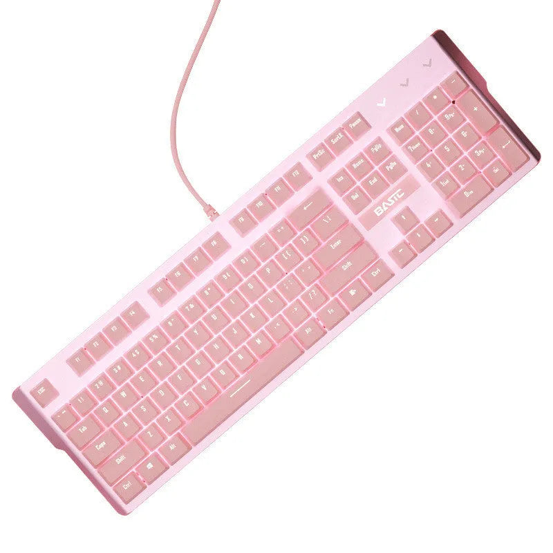 Pink mechanical gaming keyboard and wired mouse set on desk with USB cables