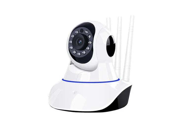 Black wireless camera with three antennas on a desk showing 360-degree rotation for home monitoring