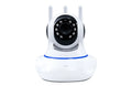 Black wireless camera with three antennas on a desk showing 360-degree rotation for home monitoring