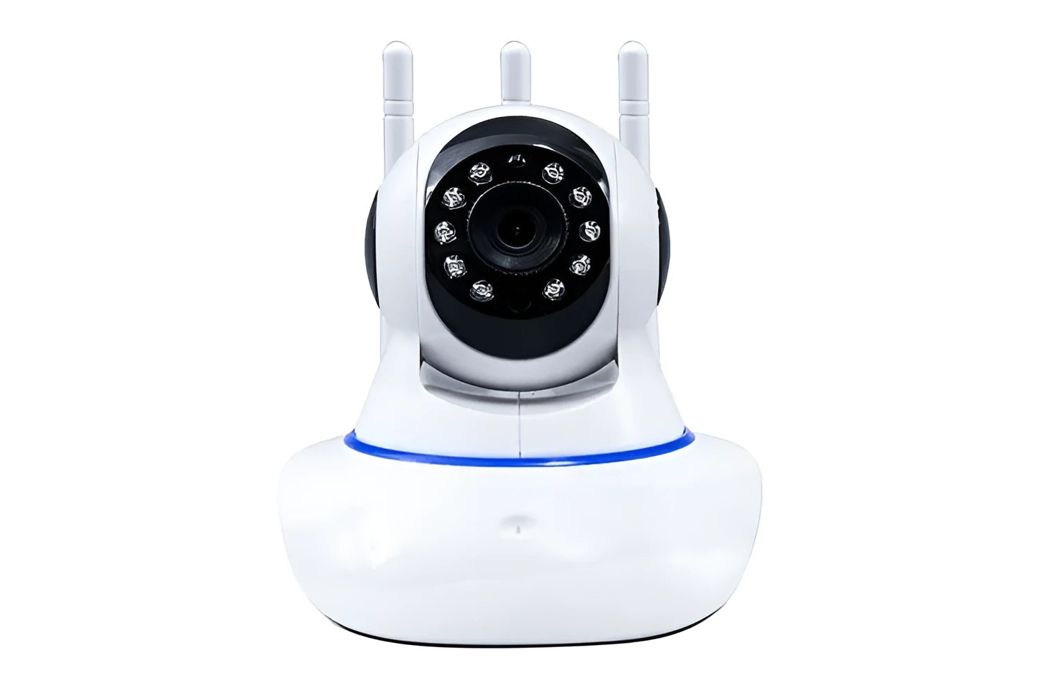 Black wireless camera with three antennas on a desk showing 360-degree rotation for home monitoring
