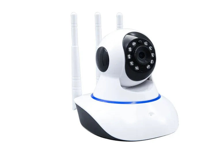 Black wireless camera with three antennas on a desk showing 360-degree rotation for home monitoring