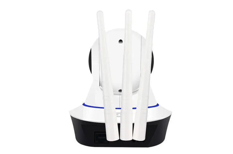 Black wireless camera with three antennas on a desk showing 360-degree rotation for home monitoring