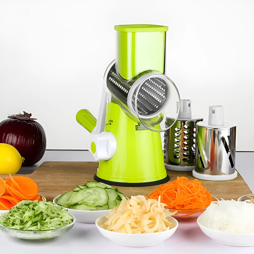 Kitchen vegetable chopper roller slicer and grater with suction base in white on countertop