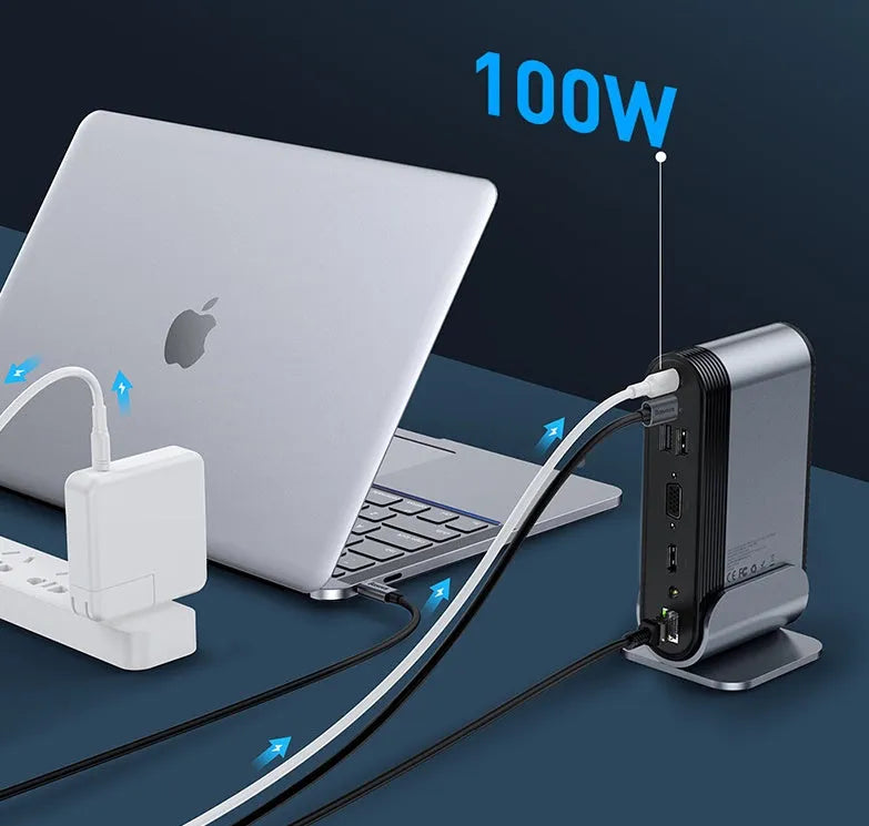 Deep space grey 16-in-1 USB-C docking station with external power supply on desktop