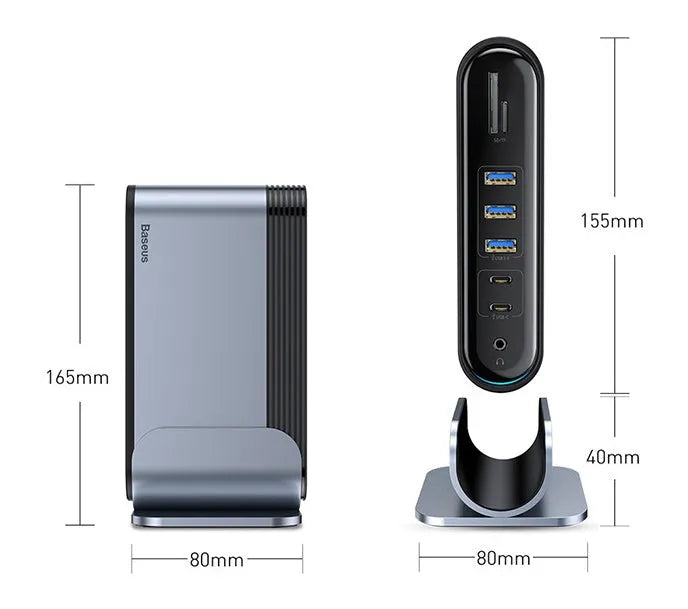 Deep space grey 16-in-1 USB-C docking station with external power supply on desktop