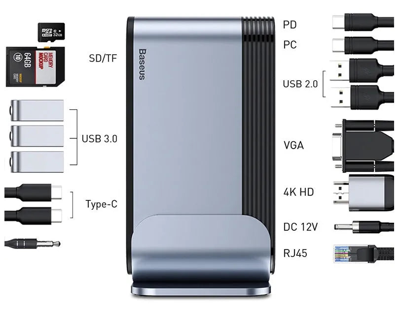 Deep space grey 16-in-1 USB-C docking station with external power supply on desktop