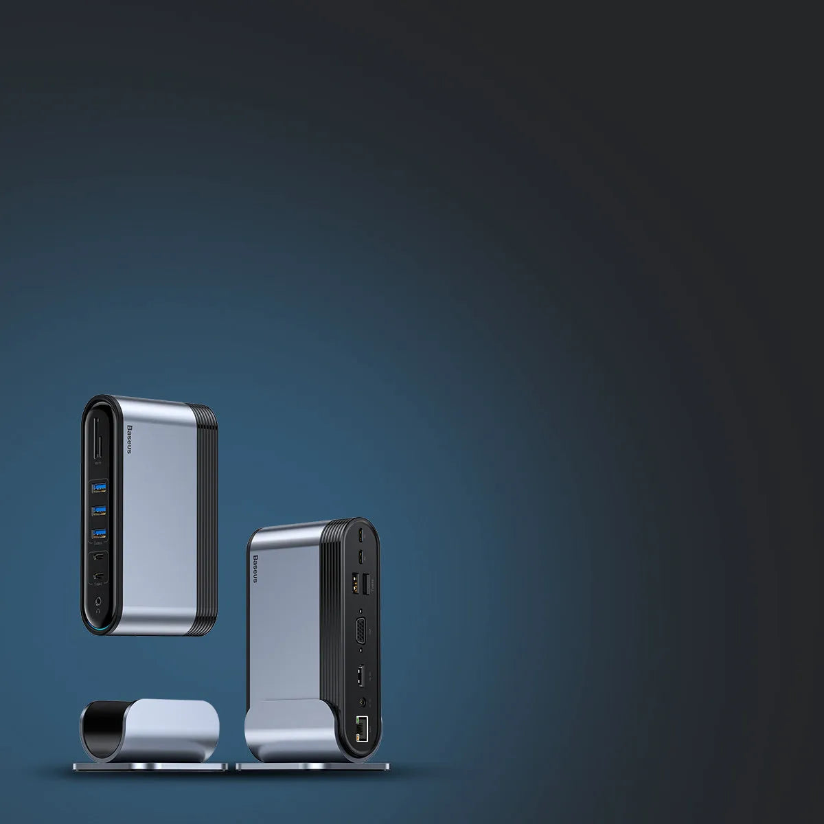 Deep space grey 16-in-1 USB-C docking station with external power supply on desktop