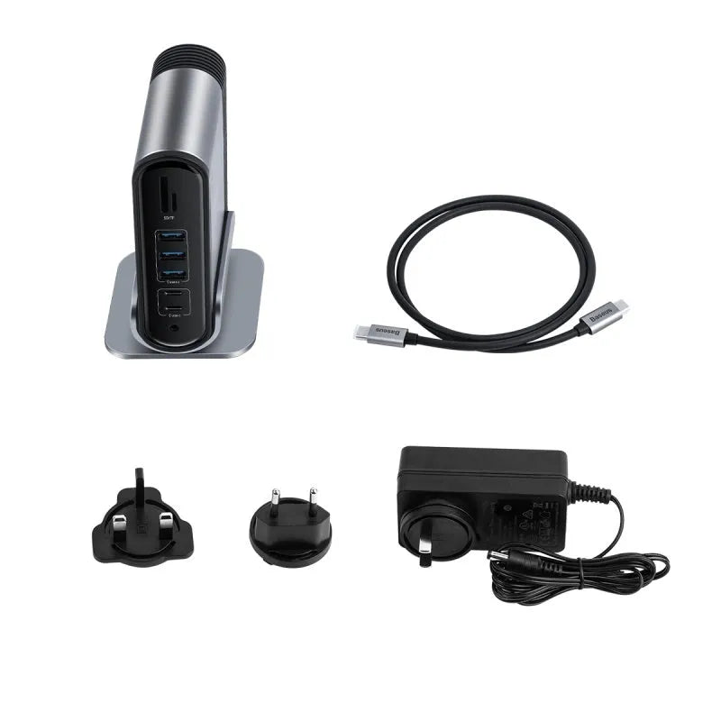 Deep space grey 16-in-1 USB-C docking station with external power supply on desktop