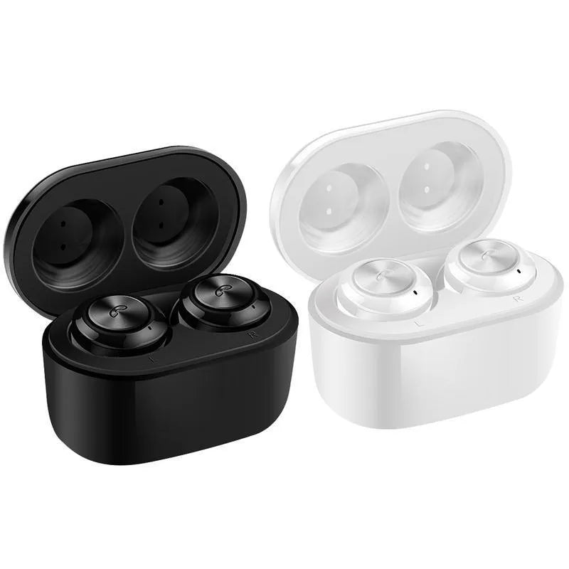 Black and white A6 true wireless noise cancelling Bluetooth earbuds with charging case.