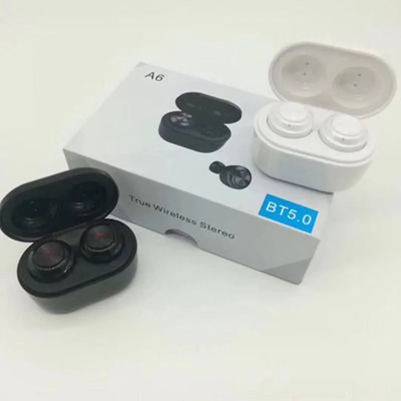 Black and white A6 true wireless noise cancelling Bluetooth earbuds with charging case.