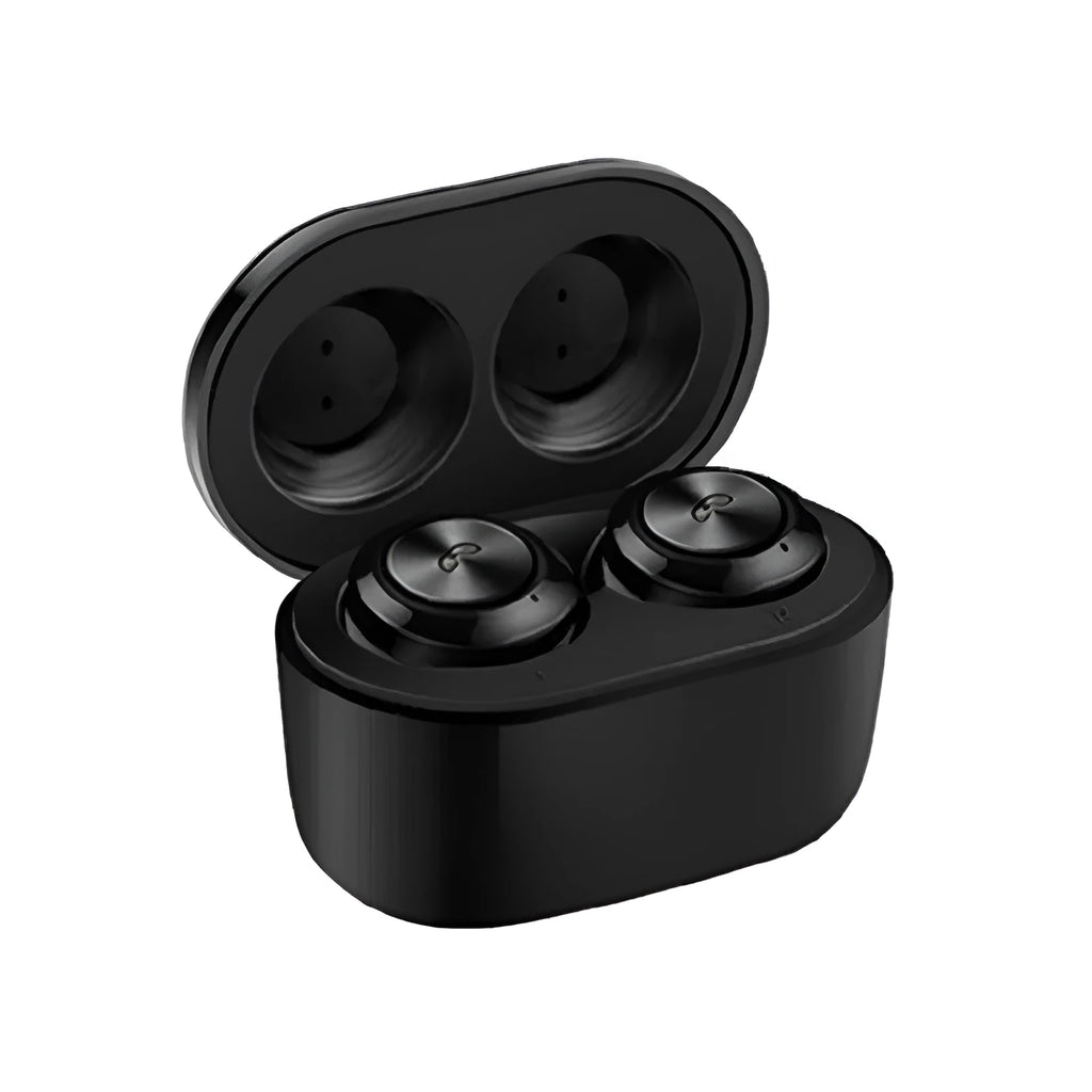 Black and white A6 true wireless noise cancelling Bluetooth earbuds with charging case.