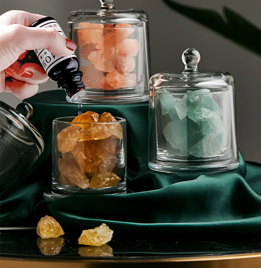 Fire-free crystal diffuser stone in amethyst colour with essential oil bottle for home sleep aid and car fragrance