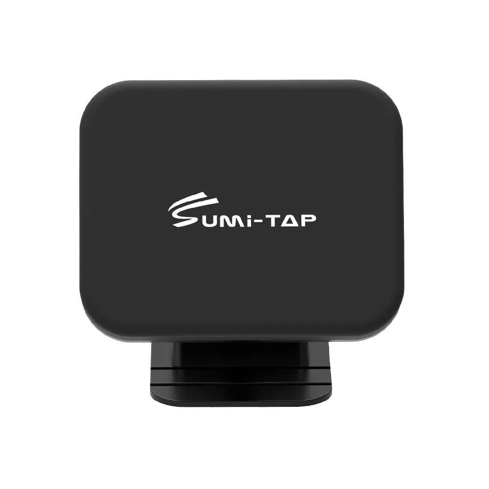 Magnetic car phone holder with nylon base and silicone surface attached to dashboard, available in black