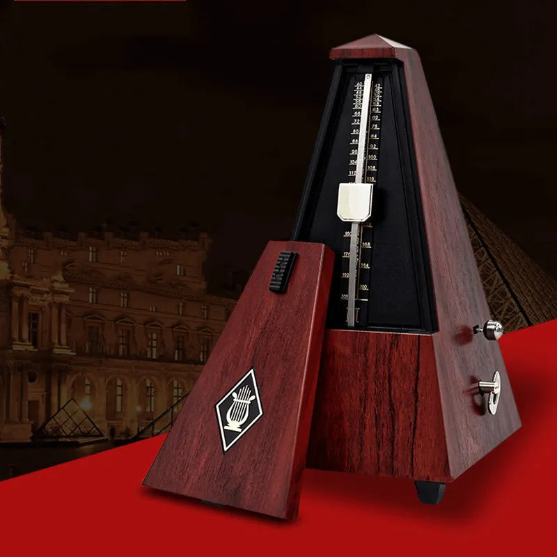 Mechanical tower metronome with imitation wood grain finish, PPS plastic body, 800g weight