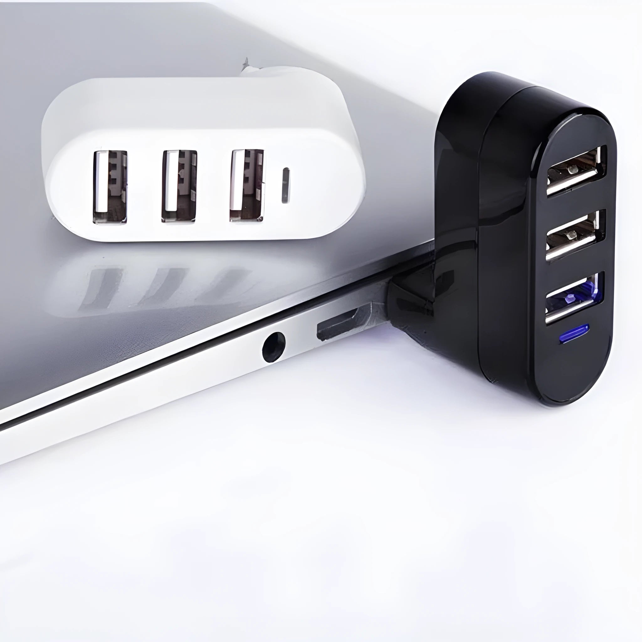 USB 2.0 splitter hub with spin colour design in black and white colour options showing multiple USB ports