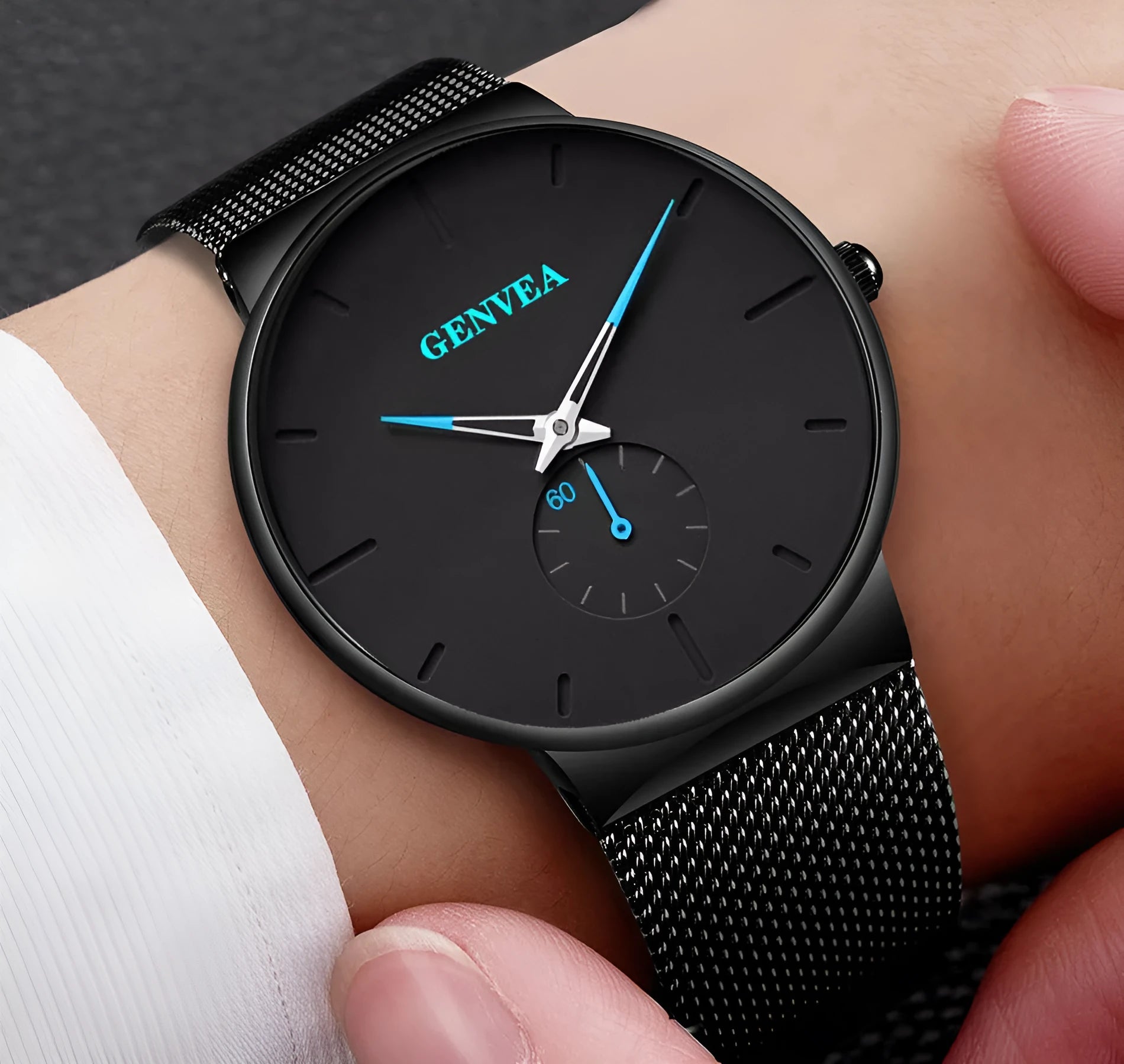 Geneva men's quartz watch with round dial, stainless steel strap, and black shell case