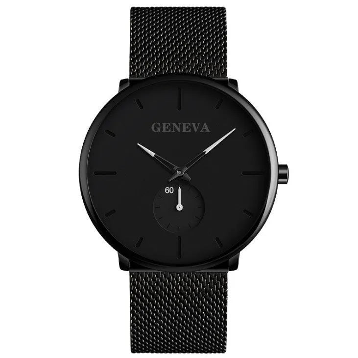 Geneva men's quartz watch with round dial, stainless steel strap, and black shell case