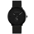 Geneva men's quartz watch with round dial, stainless steel strap, and black shell case