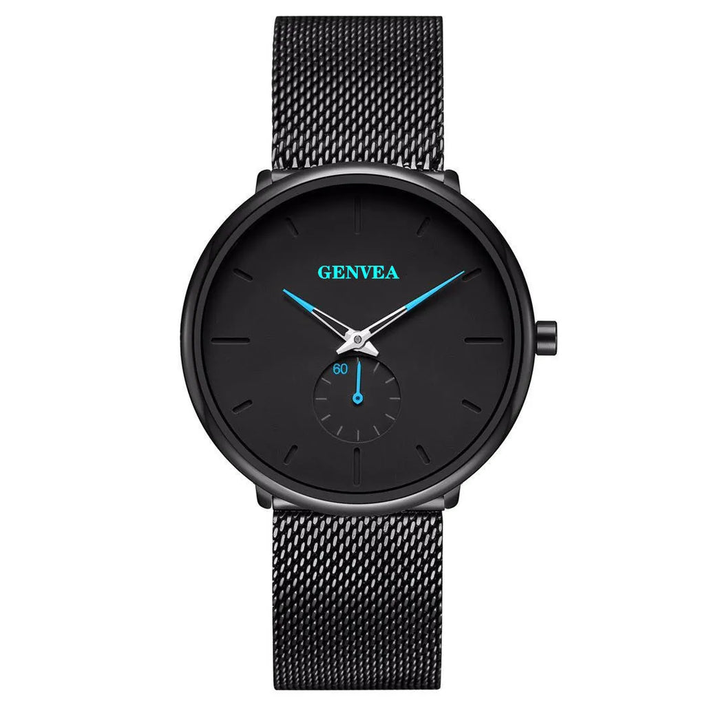 Geneva men's quartz watch with round dial, stainless steel strap, and black shell case