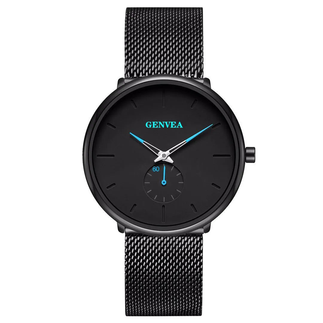 Geneva men's quartz watch with round dial, stainless steel strap, and black shell case