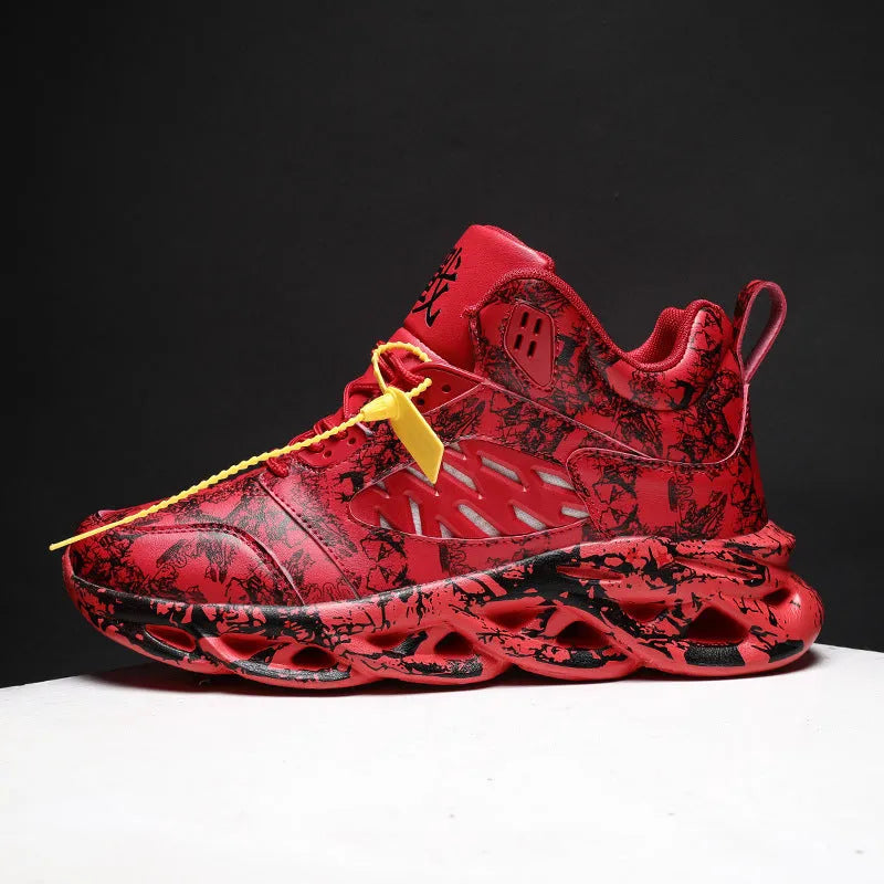 Men's black camouflage pattern high-top basketball shoes on a white background.