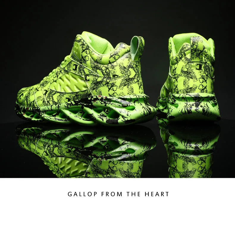 Men's black camouflage pattern high-top basketball shoes on a white background.