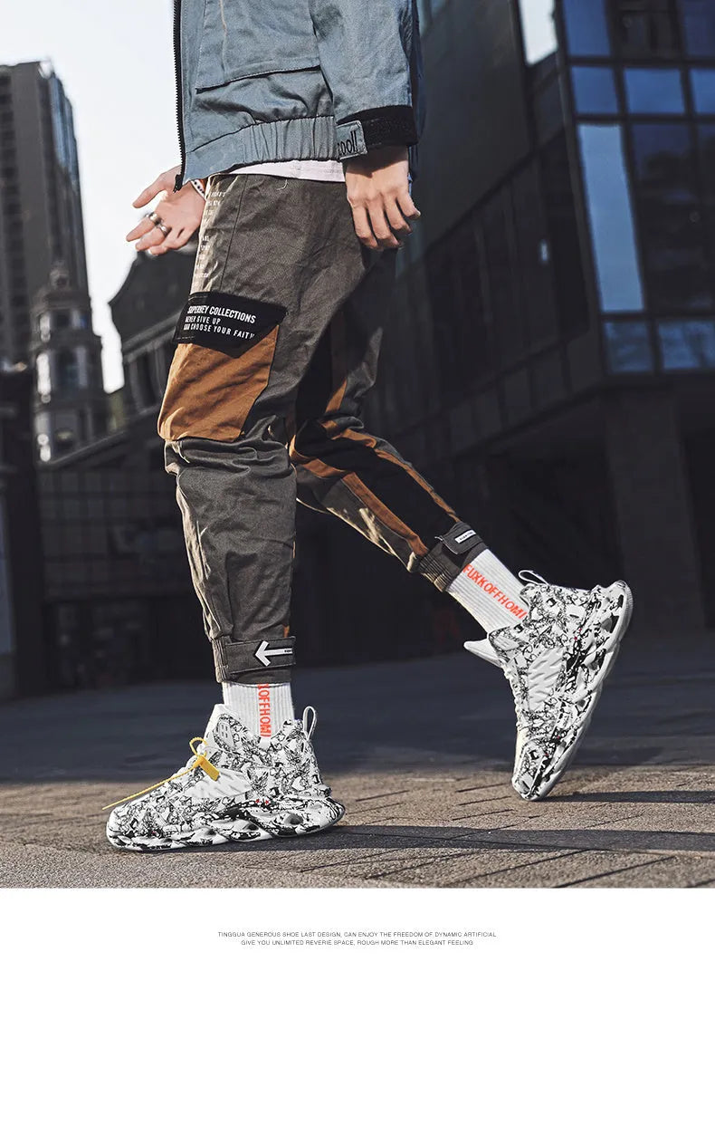 Men's black camouflage pattern high-top basketball shoes on a white background.