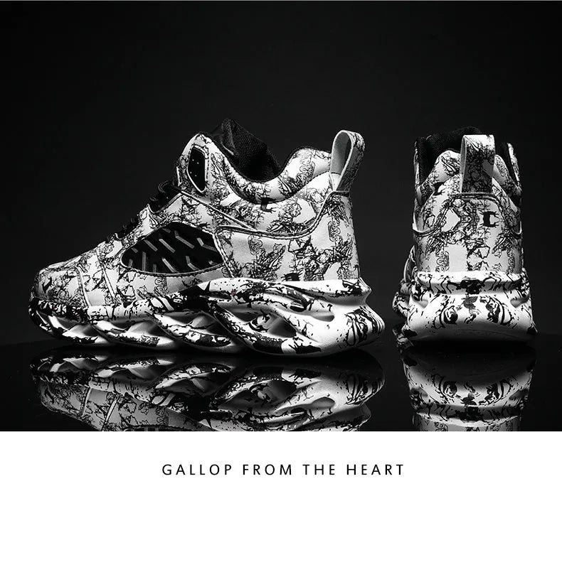Men's black camouflage pattern high-top basketball shoes on a white background.