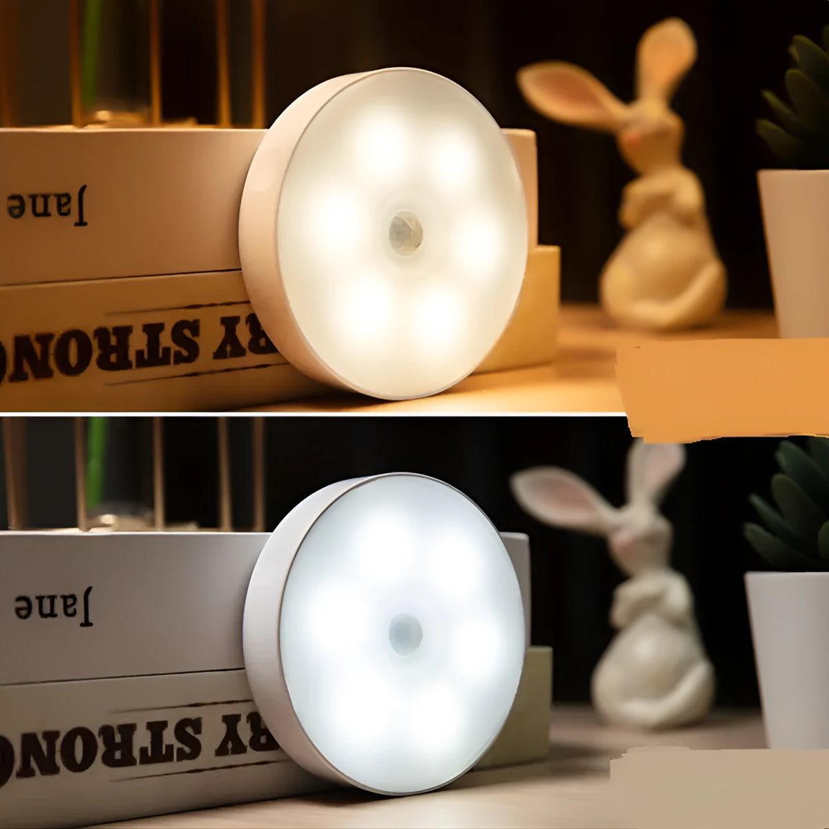 Round USB rechargeable LED puck light with PIR motion sensor for kitchen cabinets