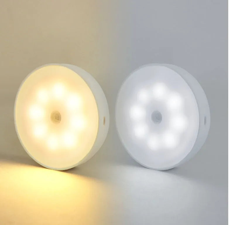 Round USB rechargeable LED puck light with PIR motion sensor for kitchen cabinets