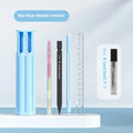 Plastic six pen pencil case kit with a pressing pen, shown in sky blue, white, and pink colour options.
