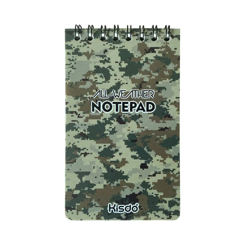 Spiral-bound waterproof office notepad with stone paper pages, shown in camouflage colour option.