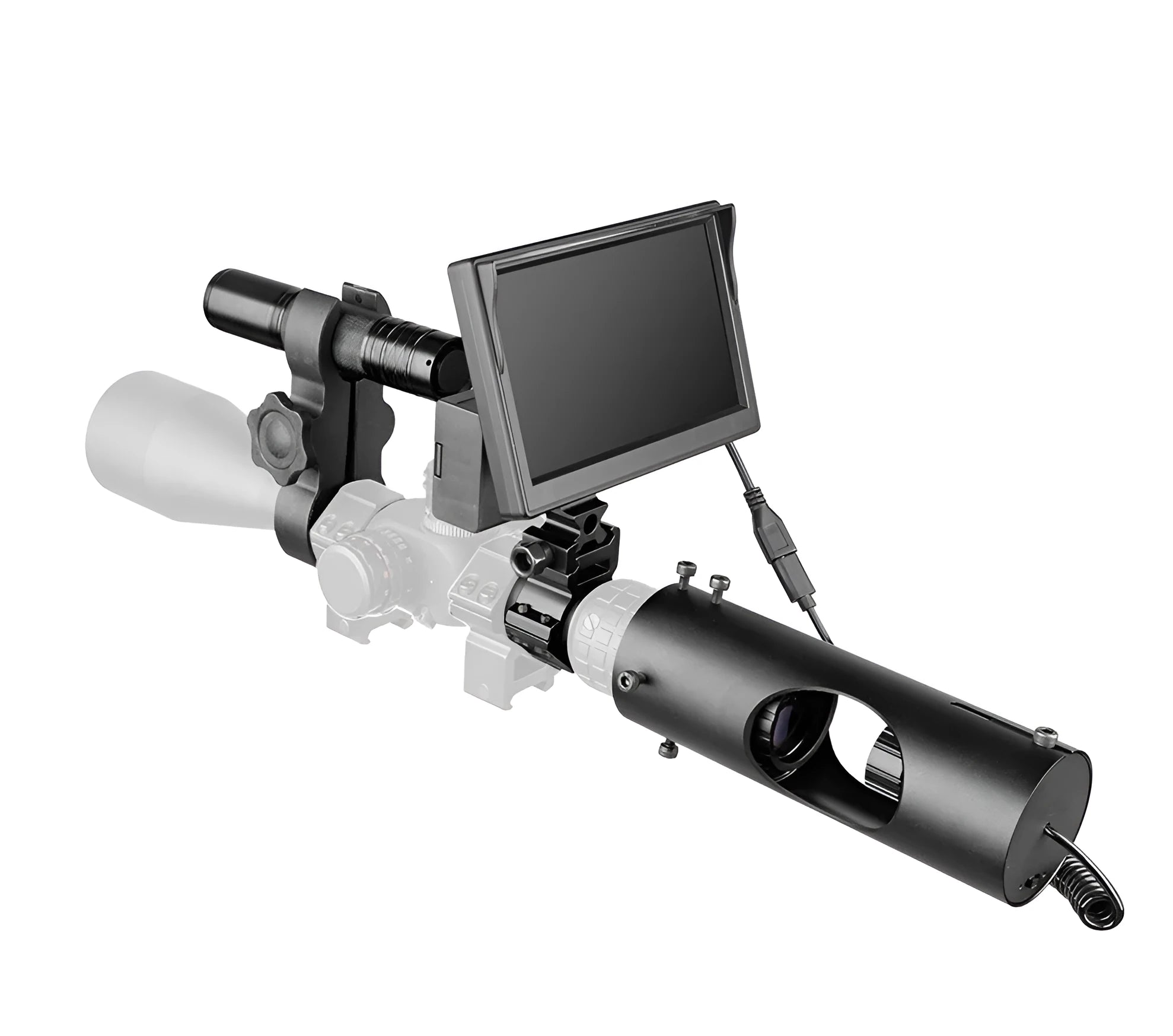 Black digital night vision goggles with 5 inch LCD display for 200 metre viewing distance
