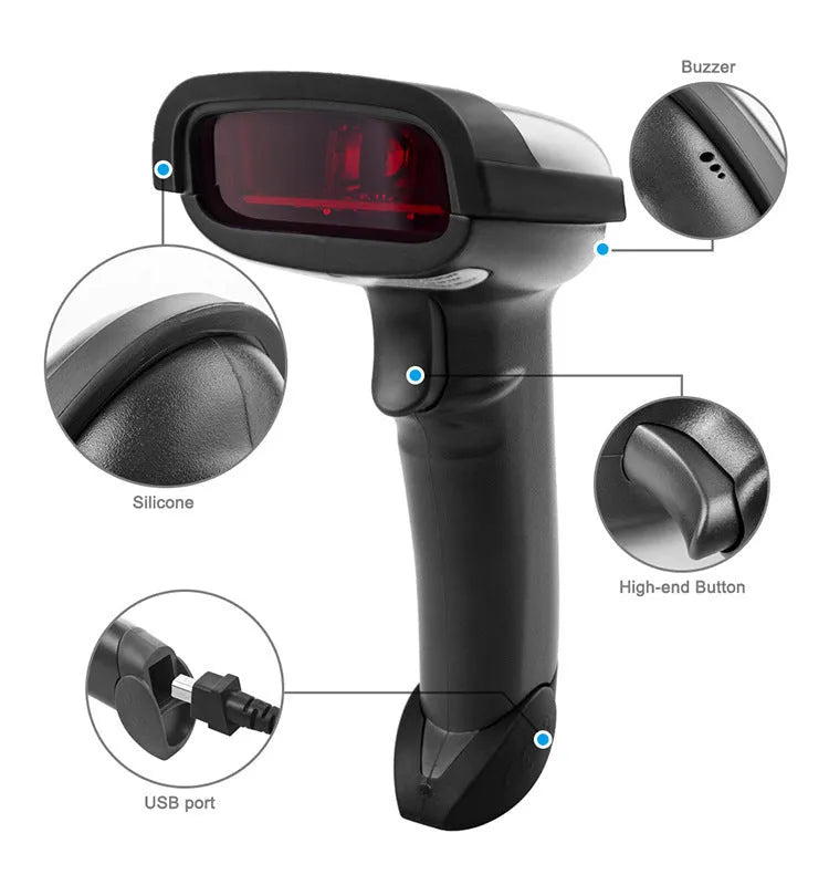 Black wireless handheld laser barcode scanner with USB interface on white background