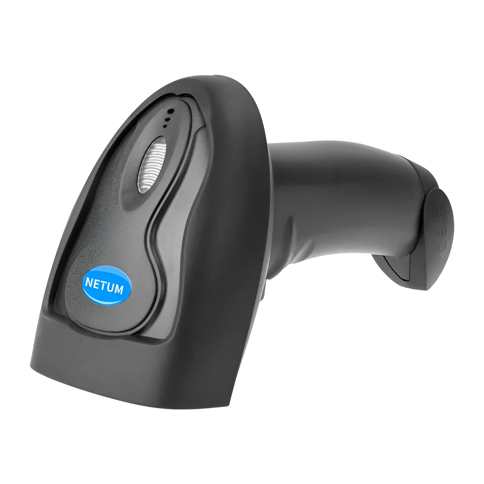 Black wireless handheld laser barcode scanner with USB interface on white background