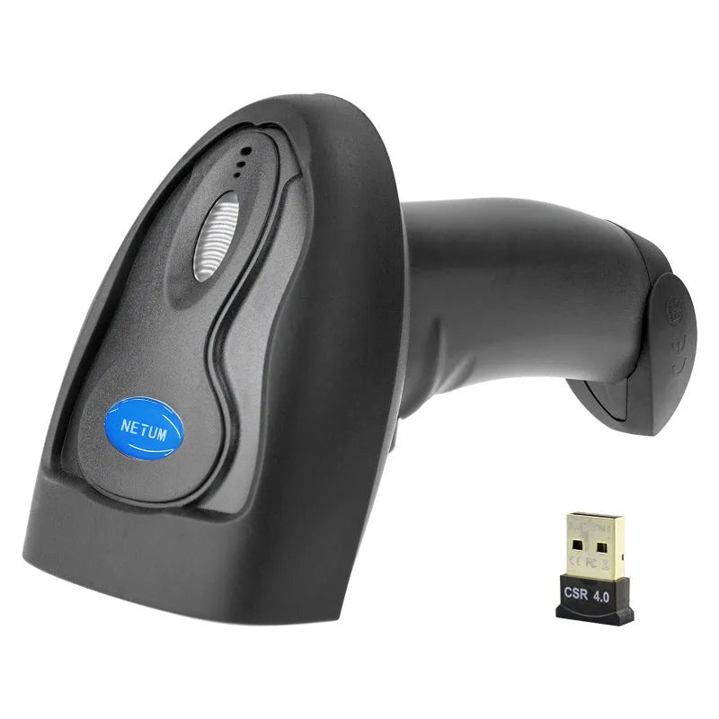 Black wireless handheld laser barcode scanner with USB interface on white background
