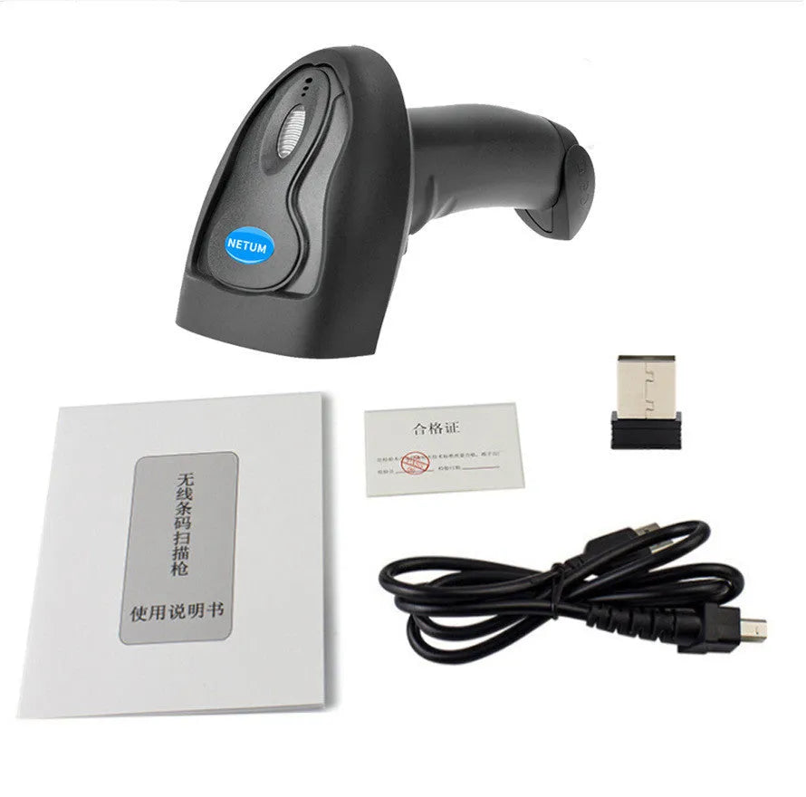 Black wireless handheld laser barcode scanner with USB interface on white background