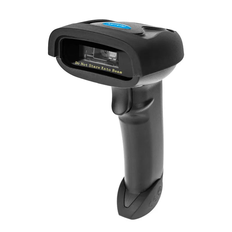 Black wireless handheld laser barcode scanner with USB interface on white background