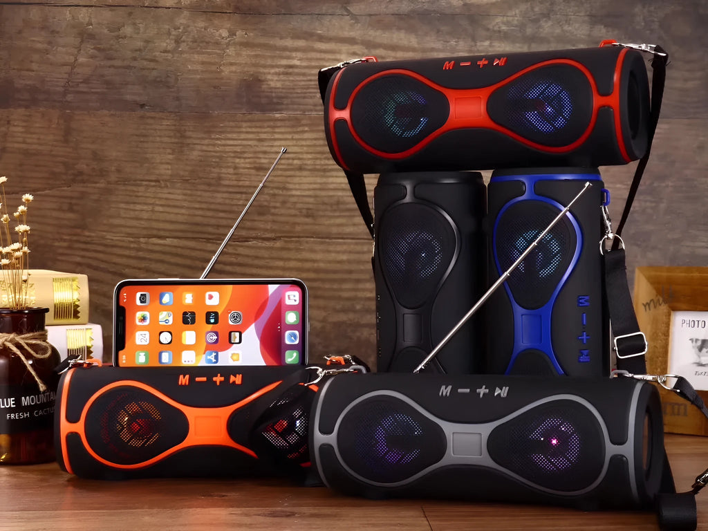 Multifunctional portable Bluetooth speaker with integrated mobile phone stand showing colour options