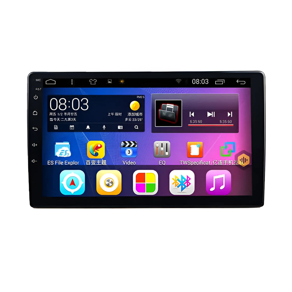 Large black car navigator with rotating LCD screen for GM vehicles, showing Android interface.