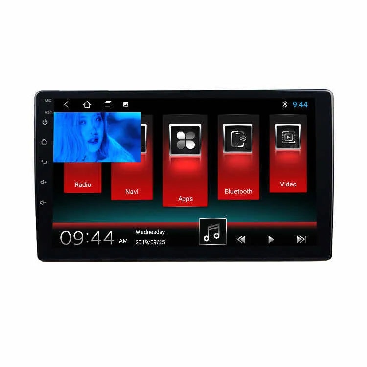 Large black car navigator with rotating LCD screen for GM vehicles, showing Android interface.