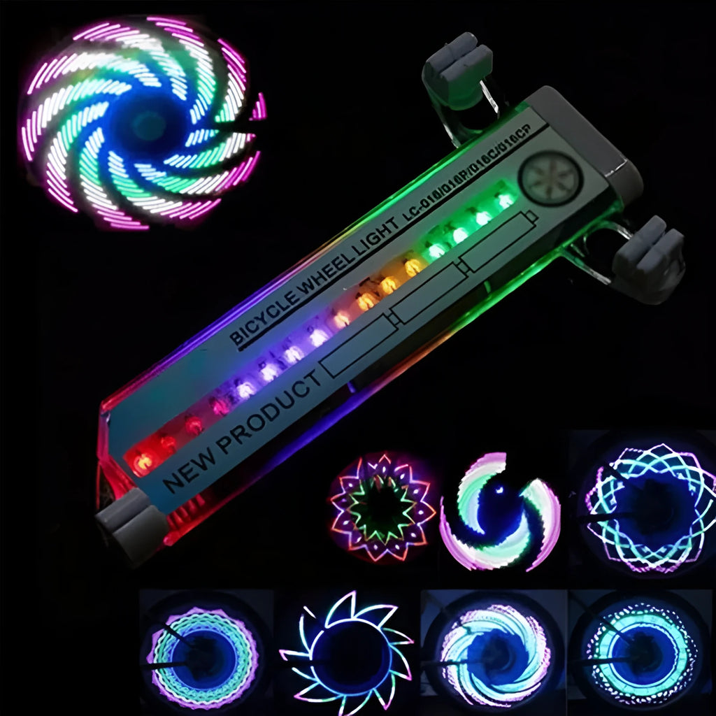 16 LED colourful bicycle wheel light with steel wire and 32 patterns attached to a mountain bike wheel