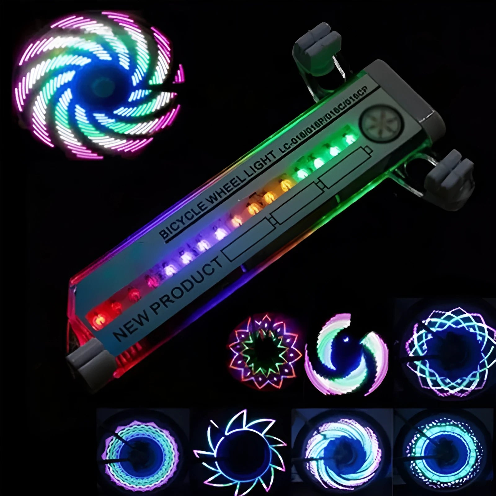 16 LED colourful bicycle wheel light with steel wire and 32 patterns attached to a mountain bike wheel