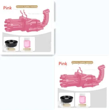 Kids bubble machine toy in pink, gold or black with battery compartment and trigger mechanism