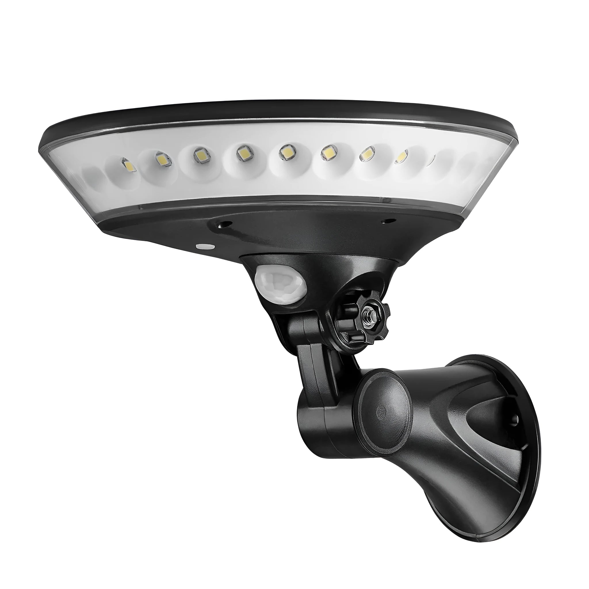 White 360-degree solar-powered outdoor light with motion sensor and IP65 waterproof rating.