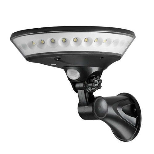 White 360-degree solar-powered outdoor light with motion sensor and IP65 waterproof rating.
