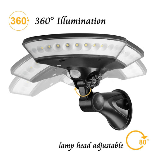 White 360-degree solar-powered outdoor light with motion sensor and IP65 waterproof rating.