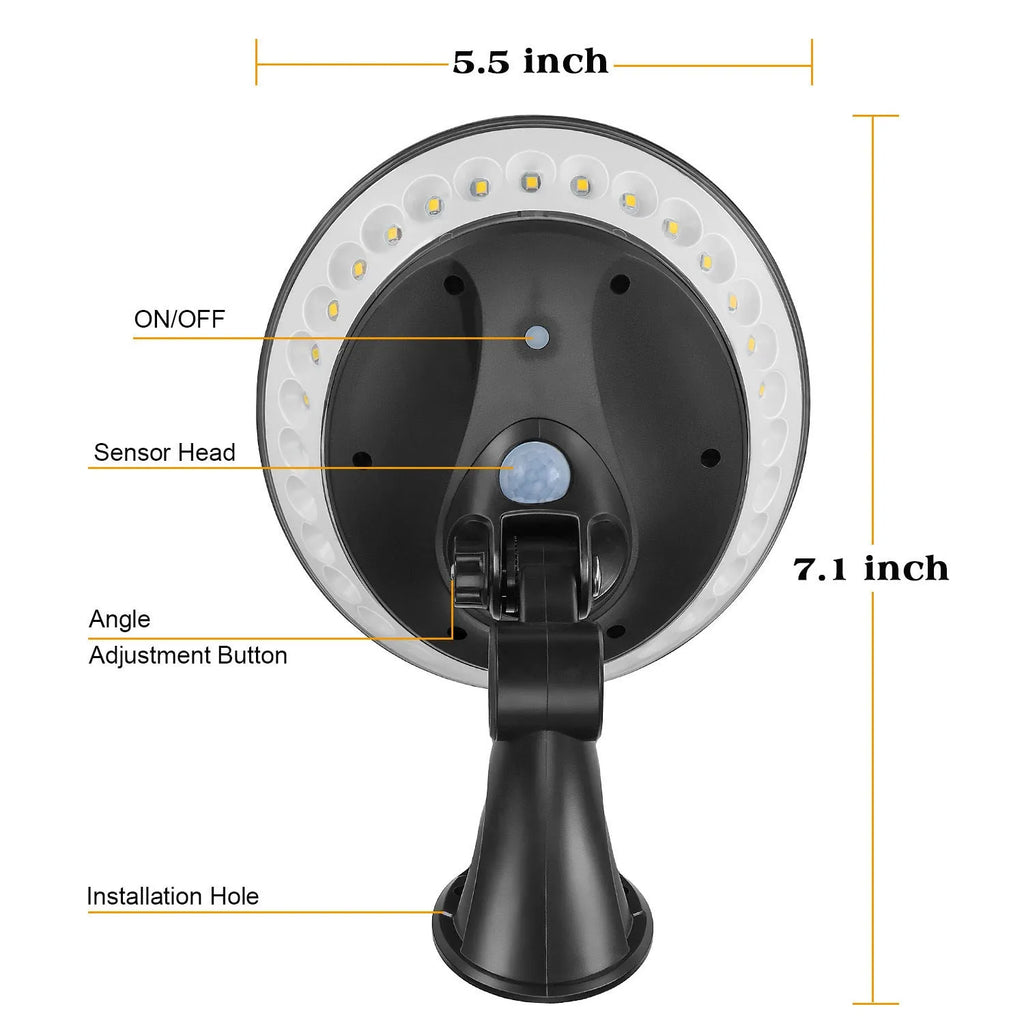 White 360-degree solar-powered outdoor light with motion sensor and IP65 waterproof rating.