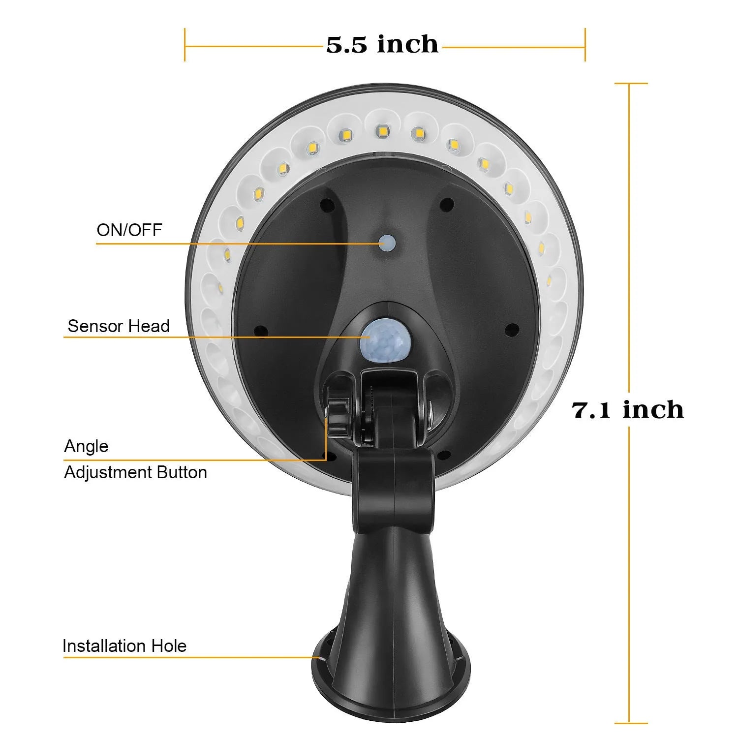White 360-degree solar-powered outdoor light with motion sensor and IP65 waterproof rating.