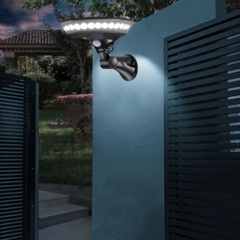 White 360-degree solar-powered outdoor light with motion sensor and IP65 waterproof rating.